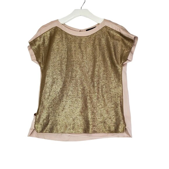 ANN TAYLOR Womens Blouse SZ 2 Gold Metallic Glitter Splice Back Short‎ Sleeve - Picture 1 of 8